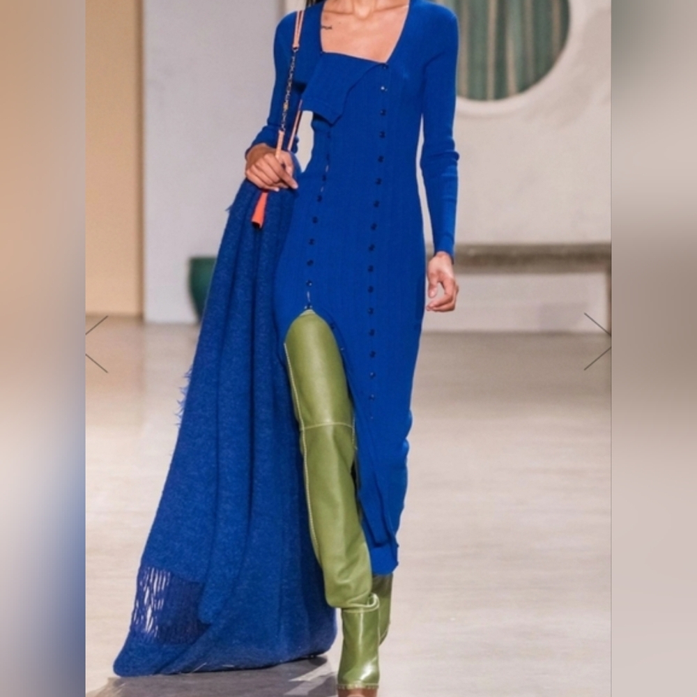 Jacquemus Blue Knit Maxi Dress Button 2 Sides
